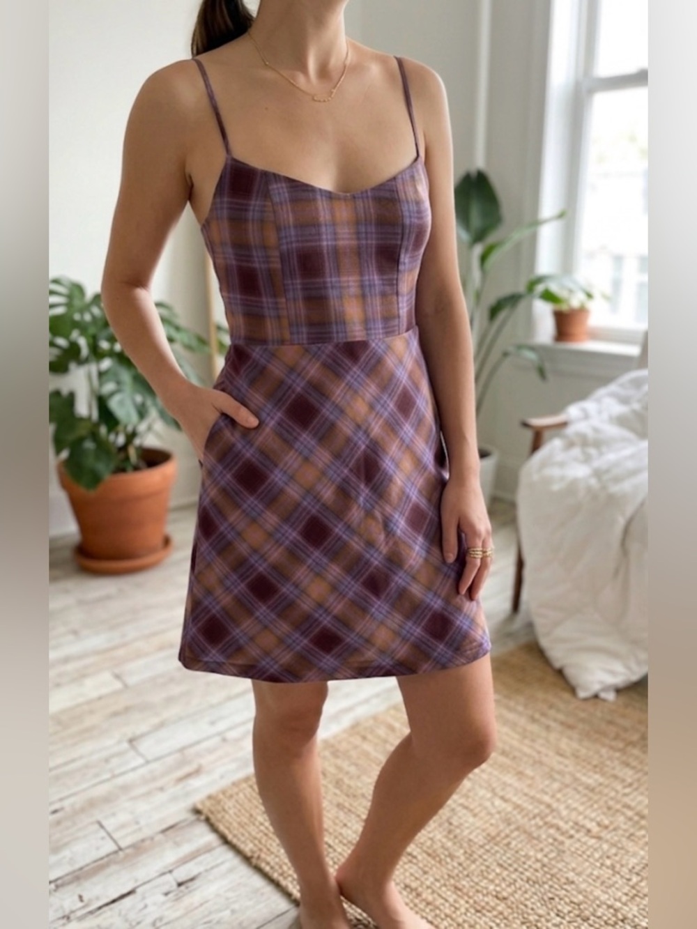 Urban Outfitters Plaid Mini Dress Spaghetti Strap Brown Purple Orange S